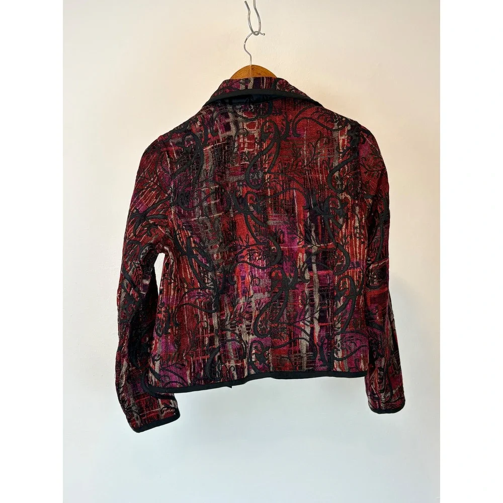Christopher & Banks Jacket Womens PS Red Paisley Tapestry Zip Up Petite Boho